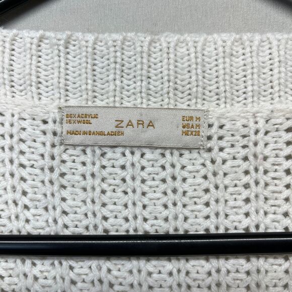 ZARA Chunky Cable Knit Wool Blend Cardigan Elbow Patches Button Sweater Women M - Picture 3 of 7